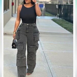 Micas Y2K Multi Pocket Wide Leg Cargo Jeans Rolled Hem Dark Wash XS NWT